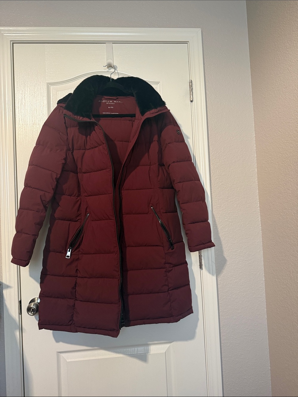 Andrew Marc Women's Burgundy Quilted Puffer Coat with Faux Fur Trim